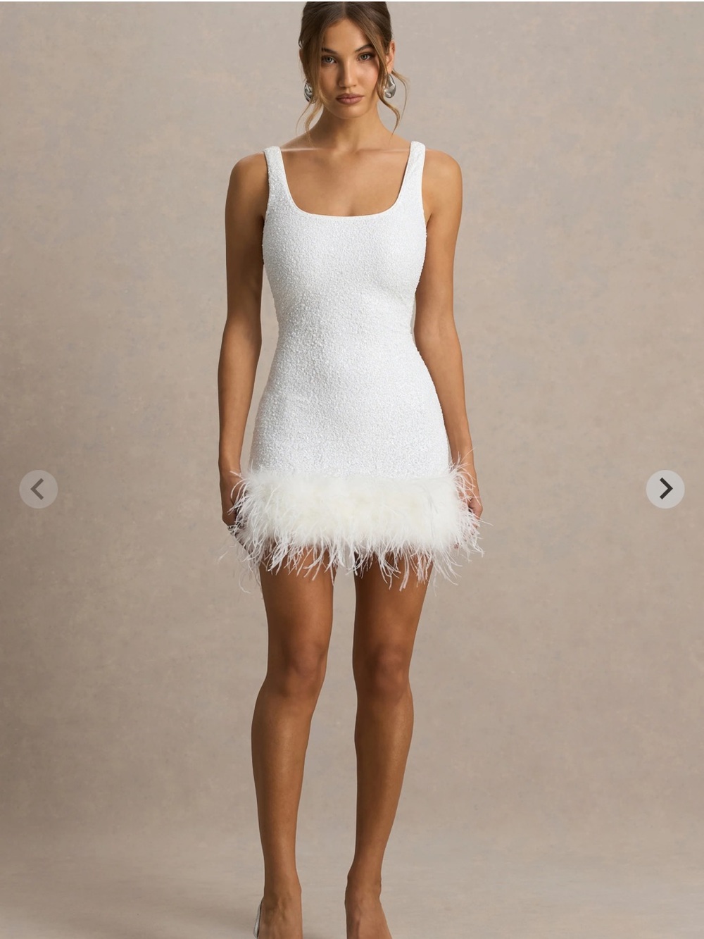 White Feather-Trim Squared Neck Mini Dress